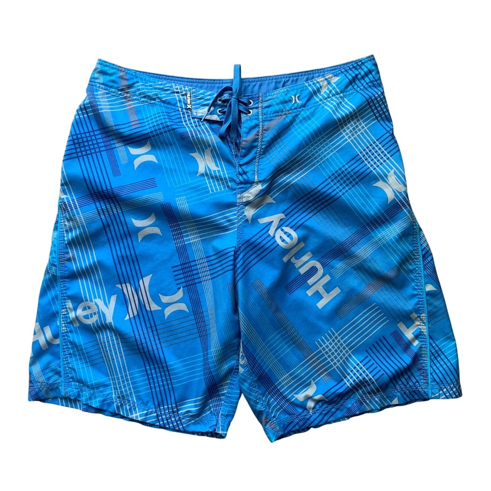 Hurley Blue Plaid Logo Board Shorts Mens Size 36/XL Swim Trunks Surf Shorts‎